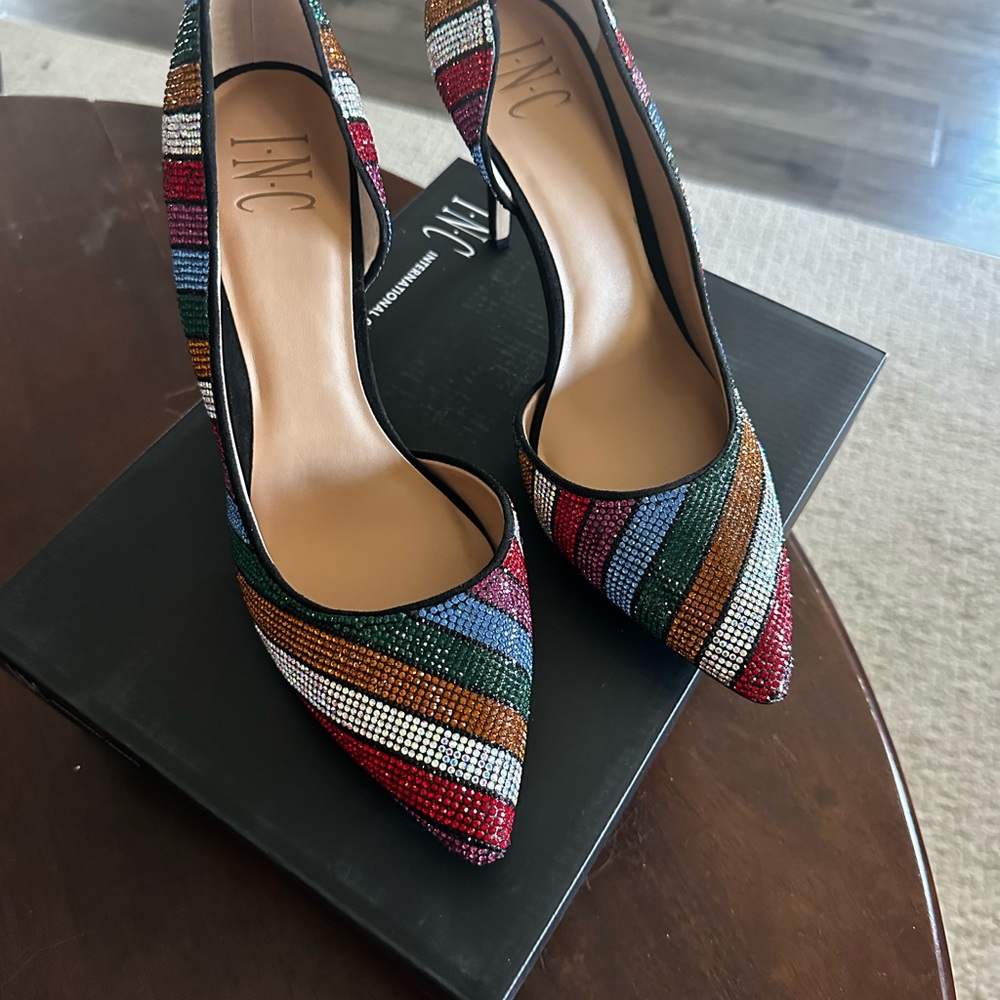 INC International Concepts Multicolor Crystal Striped Pointed Pumps